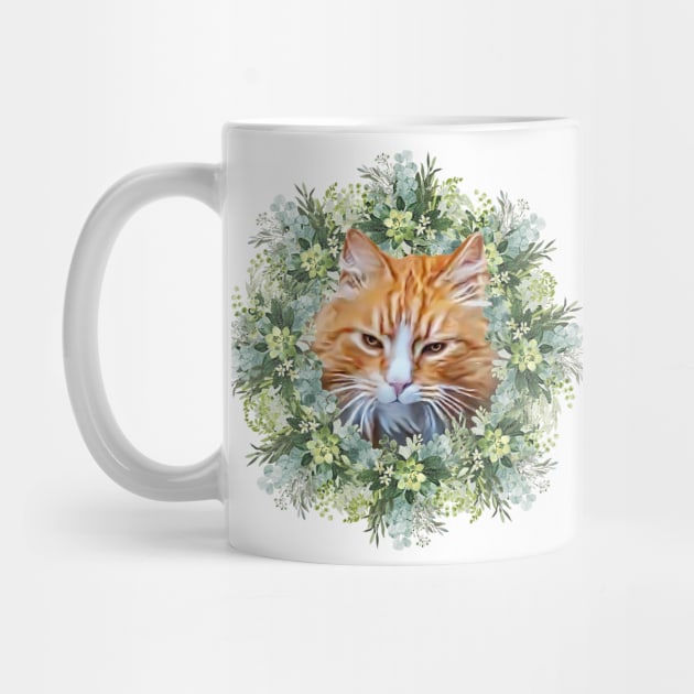 Handsome Orange Tomcat with Leafy Flower Background, Digital Cat Painting by Cartoon Cosmos